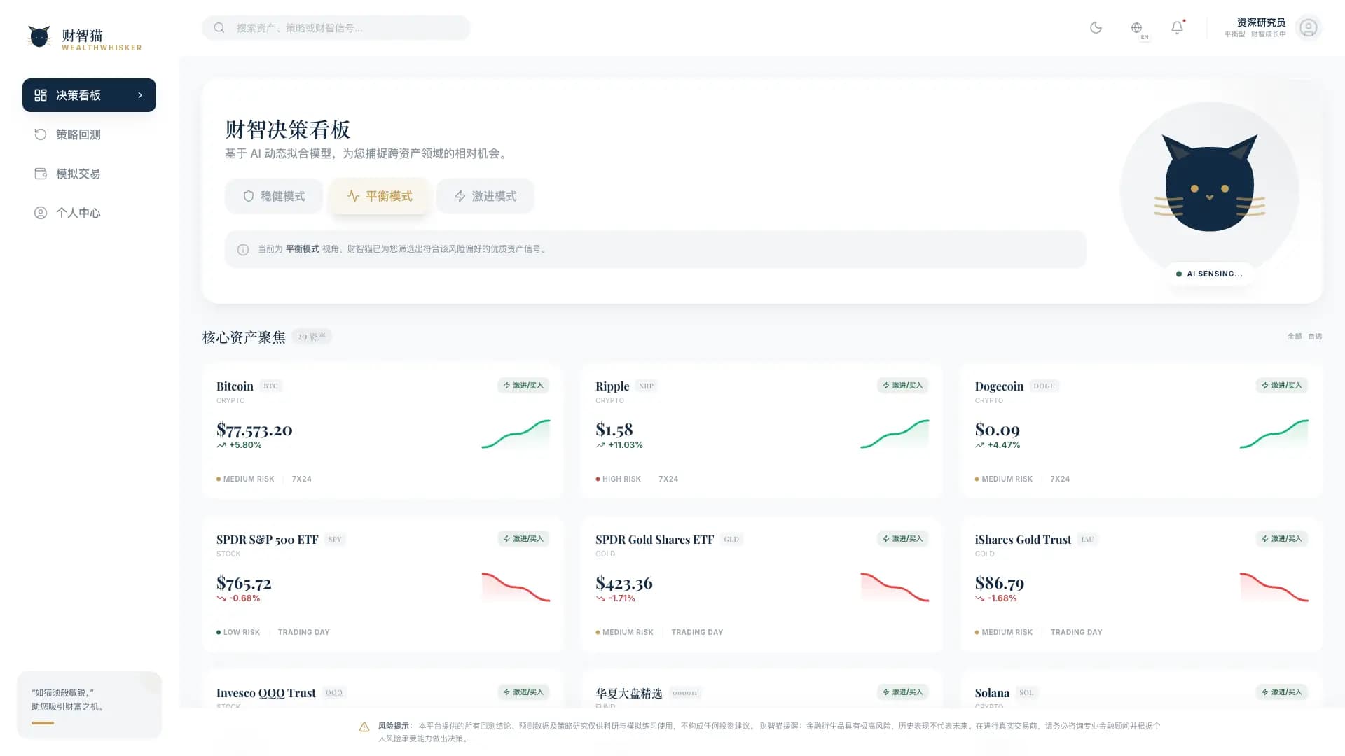 WealthWhisker 决策看板集中展示黄金、基金、股票和加密资产