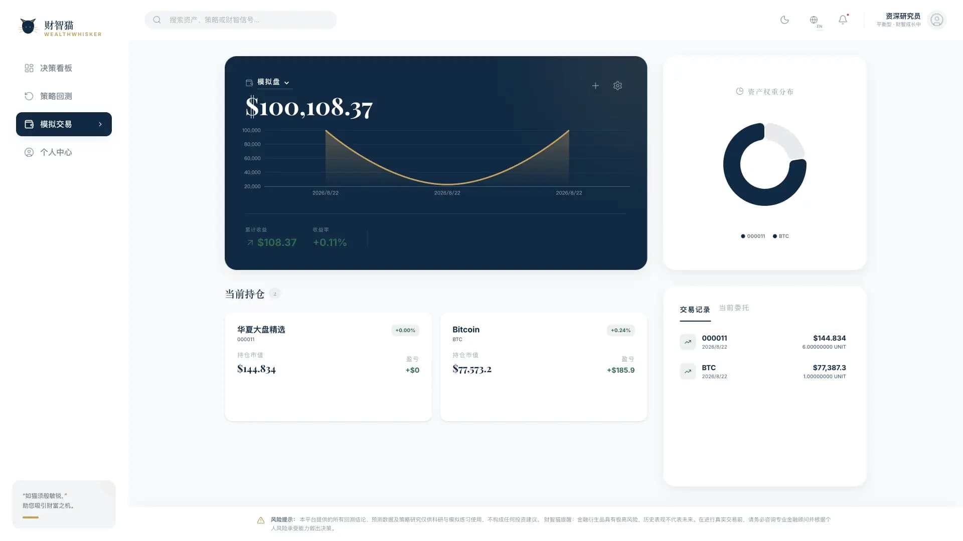 WealthWhisker 模拟交易页展示模拟账户、持仓和订单记录