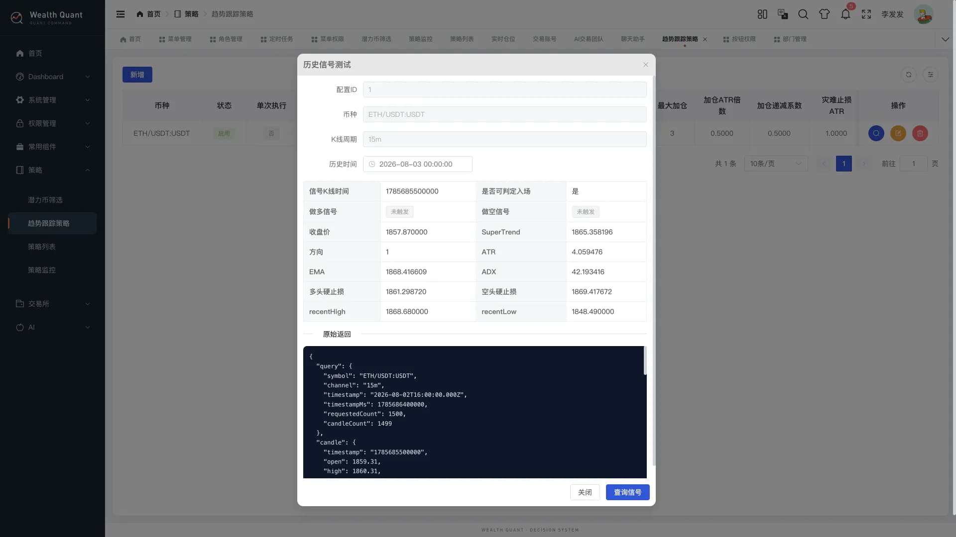 Wealth Quant 历史信号页展示 SuperTrend、入场判断和止损标记